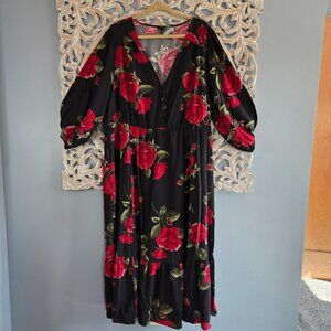 Torrid Black Red Floral Button Front Maxi Dress Size 4 (4x/26)